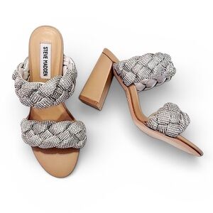 Steve Madden Nider Kenley-R Rhinestone Braided Block Heel.Sandal Nude Beige Sz 7